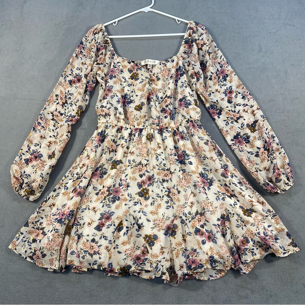 Row A Women’s Cream Floral Long Sleeve Sweetheart Dress, Lined, elastic waist, M